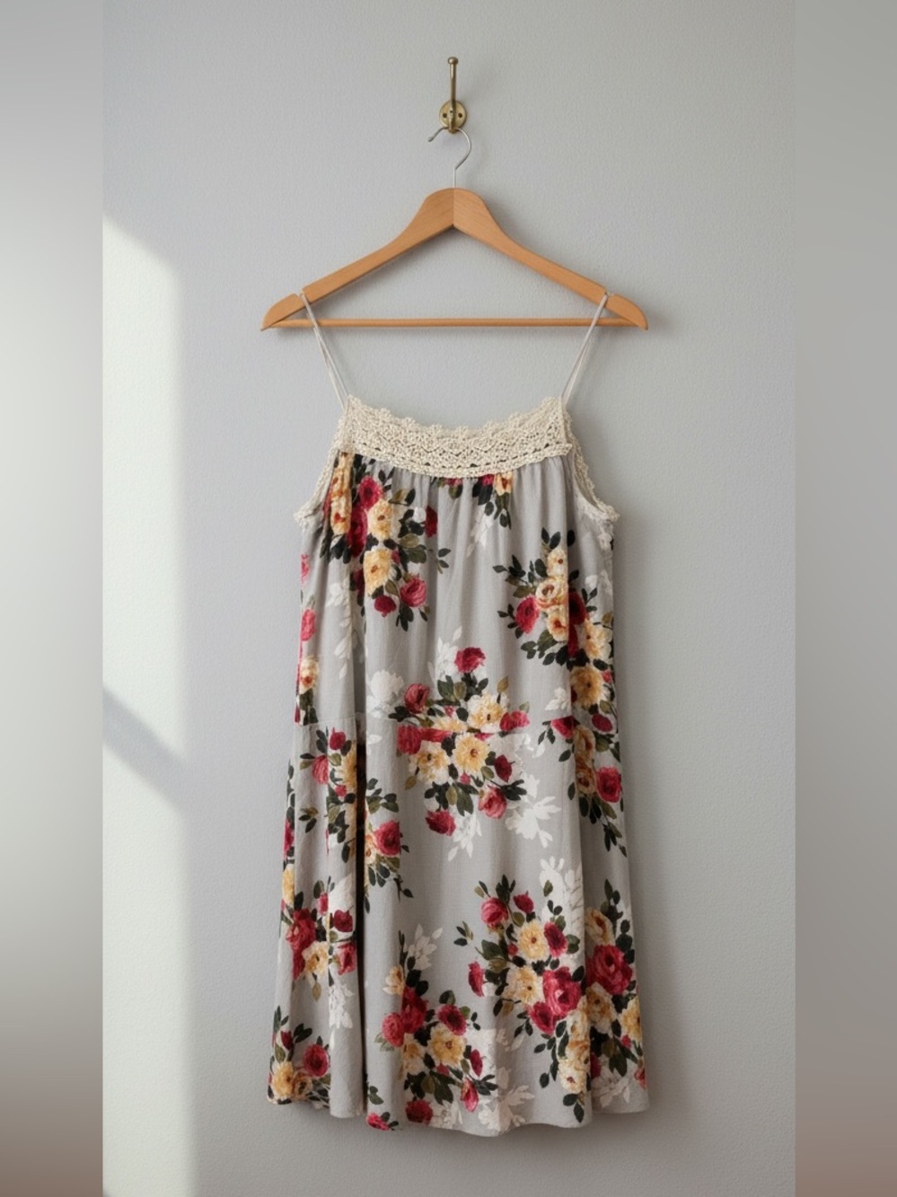 UMGEE Boho Floral Lace Trim- Gray Red Yellow Mini Slip Dress Size S